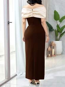 Feyla Gaun Panjang Elegan Wanita dengan Desain Bahu Terbuka Berkerut dan Hiasan Kristal, Warna Cokelat dan Krem Formal untuk Musim Panas - Coffee Brown - View 7