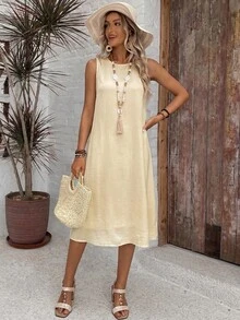EMERY ROSE Casual Solid Color Round Neck A-Line Summer Dress - Apricot - View 4
