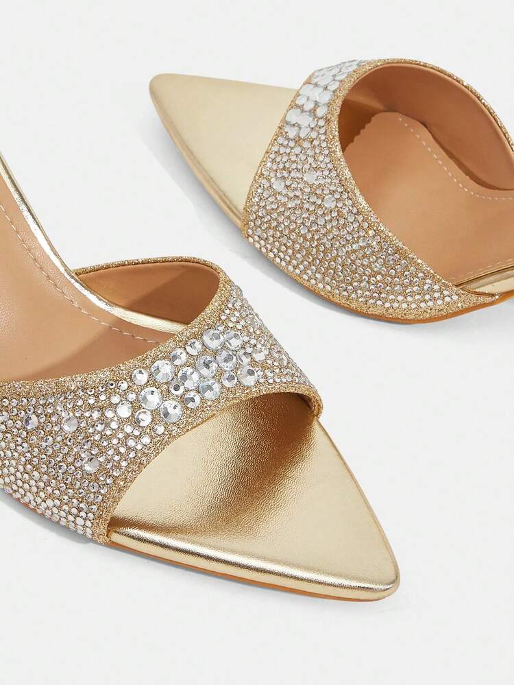 CUCCOO TILAWA Women's Fashion, Women's High-Heeled Sandals, Gold, Rhinestones, Glitter Material, Pointed, Commuting, Comfort, Indoor, Office, Street, Party, Travel, Vacation, Spring And Summer, Suitable For Dresses, Jeans, Shorts, Stiletto Slippers