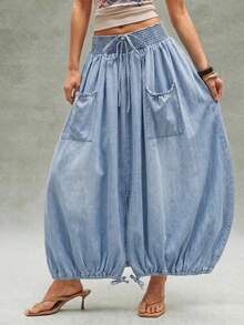 Bohemela Chân váy denim dài buộc dây thời trang cho nữ - Màu xanh lam - Xem 9