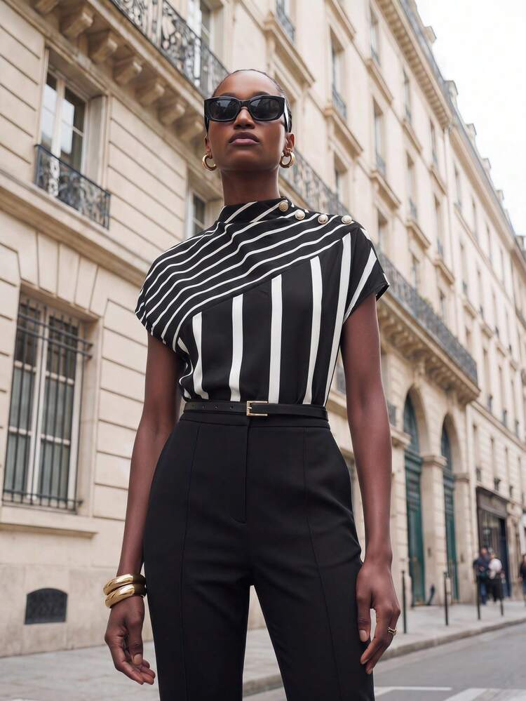 SHEIN Maija 2026 Spring & Summer Women'S Striped Stand Collar Shirt, Suitable For Wedding Guest, Host, Date, Party, Concert, Brunch, Airport, Multi-Occasion