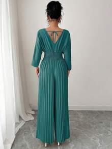 Rafferiza Women's Solid Color Overlapping V-Neck 3/4 Sleeve Pleated Wide Leg Elegant Jumpsuit - Cadet Blue - View 2