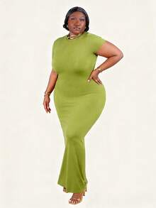 CurvyTilda Plus Size Elegant Green Fitted Dress, Suitable For Ibiza, Nashville, Clubbing, And Formal Chic Styles, Spring/Summer, Summer Dress Party, For Hourglass Body Shape - Green - View 1