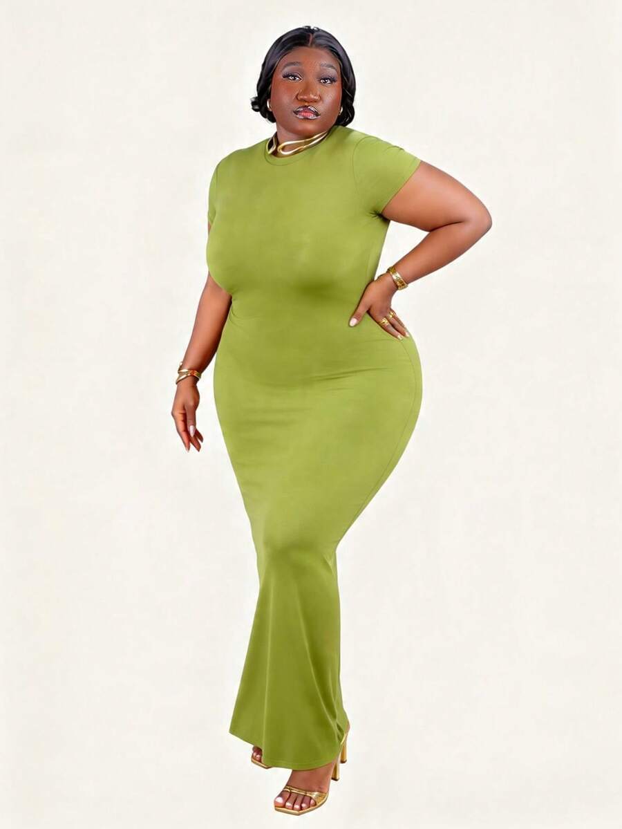 CurvyTilda Plus Size Elegant Green Fitted Dress, Suitable For Ibiza, Nashville, Clubbing, And Formal Chic Styles, Spring/Summer, Summer Dress Party, For Hourglass Body Shape - Green - View 1