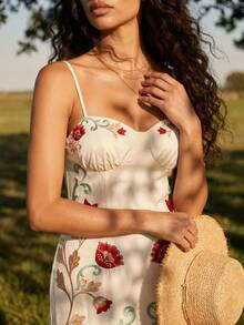 CAJUNI Red And Green Arabic Floral Print Midi-Length Spaghetti Strap Dress - Multicolor - View 3