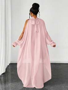 Maweii Plus Size Solid Color Hollow High Neck Loose Summer Dress Fall - Pink - View 2