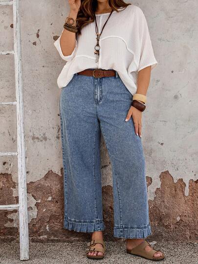 Modelyn CURVE Denim de Perna Larga Solta com Bainha Franzida e Plissada, Estilo Casual Diário, Passeio e Férias para Mulheres Plus Size