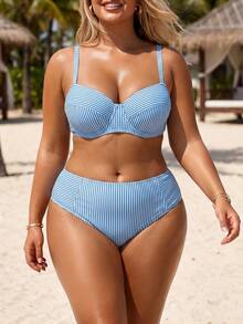 Swim Lushoire Plus Size Women's Summer Beach Vacation Colorblock Striped Print Underwire Twist Back Tankini Bikini Set Set - Blue and White - View 1