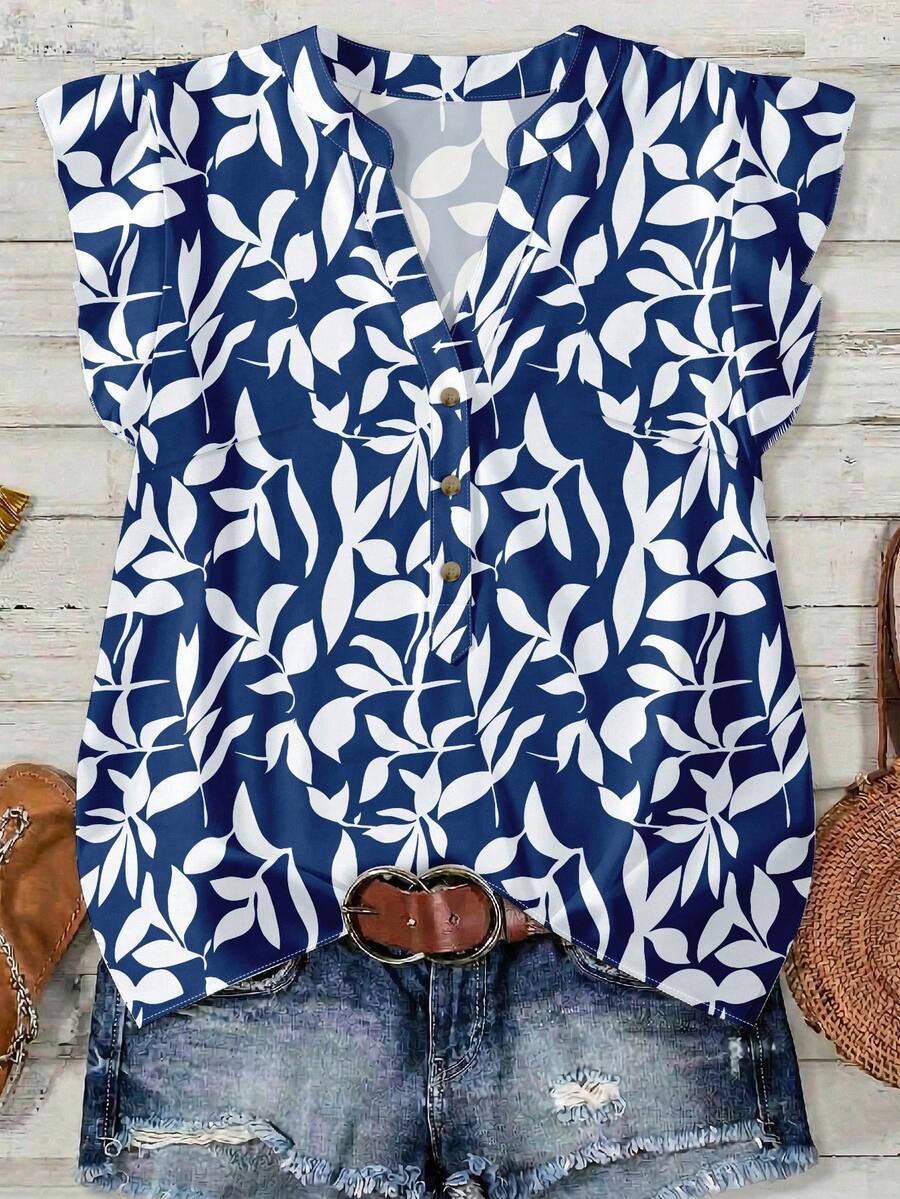 SHEIN LUNE Plus Size Women Botanical Print V-Neck Cap Sleeve Blouse - Multicolor - View 1