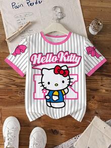 HELLO KITTY AND FRIENDS | SHEIN Tween flickors tecknat tryck rund hals kortärmad avslappnad mångsidig t-shirt - Vitt - Visa 7