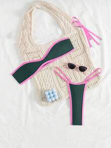 Swim SXY 女士撞色滚边细肩带可拆卸肩带丁字裤比基尼两件套泳衣 - 彩色 - 查看 3