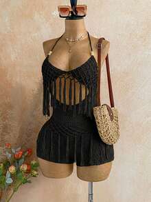 Soleia Women's Sleeveless Hollow Out Fringe Decor Fashion Knit Dress, Summer - Black - View 4