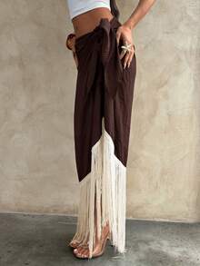 Aloruh Chân váy quấn casual dành cho kỳ nghỉ biển, có xẻ tà bên hông và viền tua rua. - Cà phê nâu - Xem 5