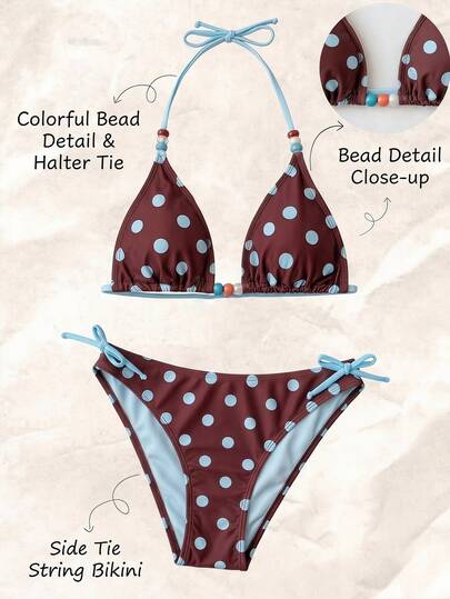 SHEIN Teen Girl Teen Girls Summer Beach Brown Blue Polka Dots Printed Halter Triangle Bikini Set, Beach Outfit Bathing Suit Summer, Summer Beach Bathing Suits For Girls Bikini Blue Swimsuit For Teen Girls Two Pieces Bathing Suits For Teens Triangle Top Girls Swimsuit Blue Bikini Crochet Bikini Two Pieces