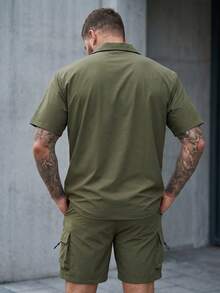 DRIVNCORE Men's Plus Size Solid Color Shirt And Shorts Set - Army Green - View 2