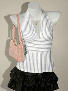 SHEIN ICON 掛脖深V領收腰A字版露背細肩帶背心 - 白色 - 查看 6