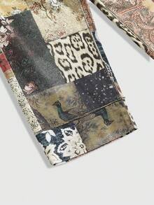 ROMWE Grunge Punk Bohemia Vintage Leopard & Floral Print Y2K Style Skinny Denim Capri Pants, Plus Size - Multicolor - View 4