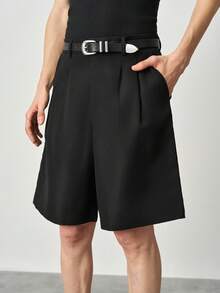 STYNVO Quần short dáng rộng, cạp xếp ly, màu trơn, túi xéo, kiểu dáng thường ngày. - màu đen - Xem 3