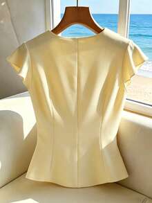 Franclia Blusa elegante da donna con collo a scialle, maniche corte, monopetto, di colore unito, adatta per l'ufficio e la vita quotidiana, per l'estate - Giallo - Visualizzare 2