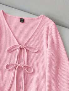 SHEIN LUNE Áo kiểu nữ cotton dệt kim sọc hồng, phong cách casual, dây buộc, tay loe - Màu Hồng baby - Xem 3