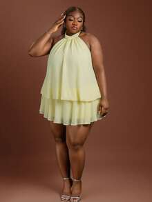 CurvyTilda Vestido mini elegante amarillo claro con cuello halter, cintura anudada, holgado, con volantes en el bajo, talla grande para mujer, para fiesta de verano, para Body de reloj de arena - Amarillo - Ver 3