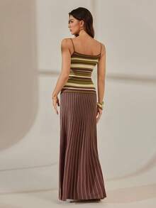 SHEIN Tall Đầm hai dây dệt kim kẻ sọc dành cho nữ với dây đeo vai đính hạt - Đầm hè thanh lịch chất liệu len pha cho kỳ nghỉ và đi làm văn phòng. - Màu xanh Ô liu - Xem 2