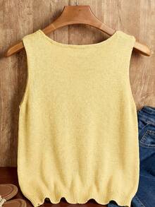 EMERY ROSE Blusa de punto de malla de unicolor con cuello en V para mujer, estilo casual de verano - Amarillo - Ver 2