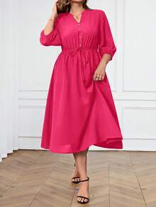 Vestido midi con cuello en V, hombros regulares, mangas abullonadas y diseño para disimular el abdomen, talla - Rosa Fucsia - Ver 5
