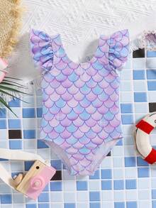 SHEIN Baby Girl Fitted Casual Minimalist Comfortable Round Neck Backside Bow Decor One-Piece Swimsuit - Multicolor - View 2