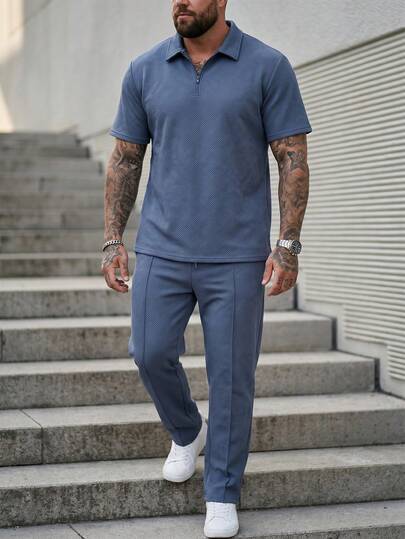 DRIVNCORE 夏季大码男士休闲纯色短袖 Polo 衫和裤子套装