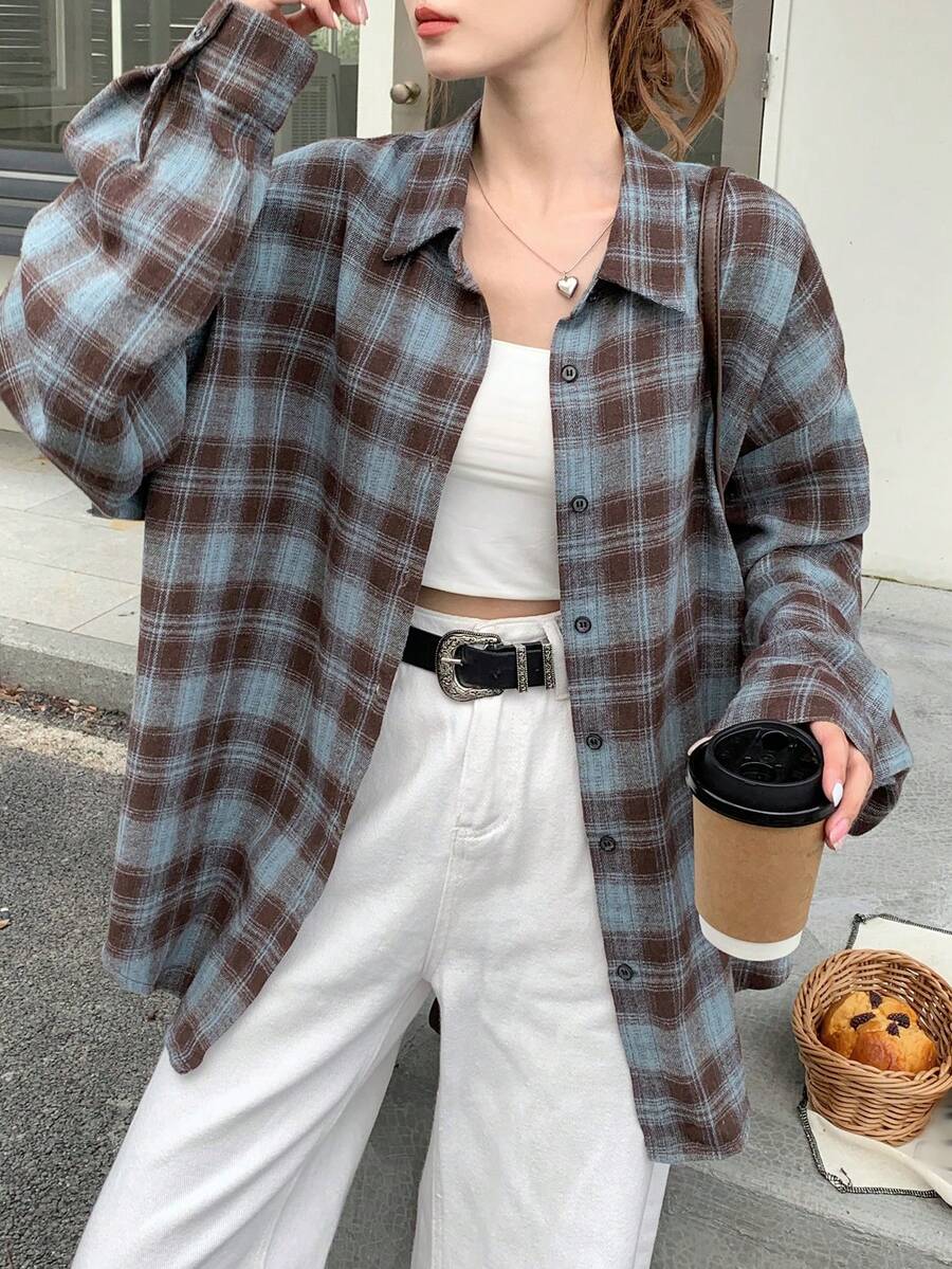 DAZY Women's Spring & Fall Long Sleeve Plaid Shirt,Long Sleeve Tops,Back To School Clothes,Flannels Women - Blue - View 1