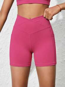 SHEIN Girls' Navy Blue Tight Yoga Pants With Pockets, Elastic Comfortable Stretchy Stylish For Sports Training, Running, Cycling - Hot Pink - View 4
