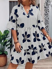 Breezaya Plus Size Women Summer Floral Print V-Neck Ruffle Hem Loose Dress - Blue - View 1