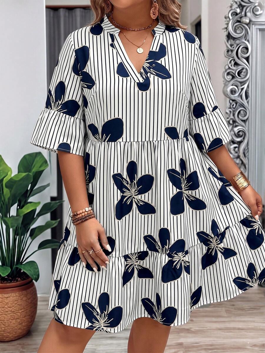 Breezaya Plus Size Women Summer Floral Print V-Neck Ruffle Hem Loose Dress - Blue - View 1