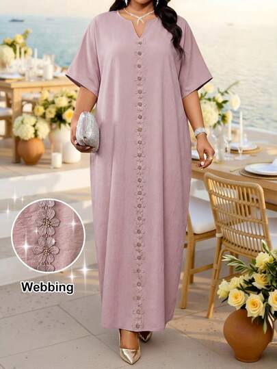 Fleurora Plus Size Solid Color Applique Notch Neck Elegant Dress, Spring/Summer