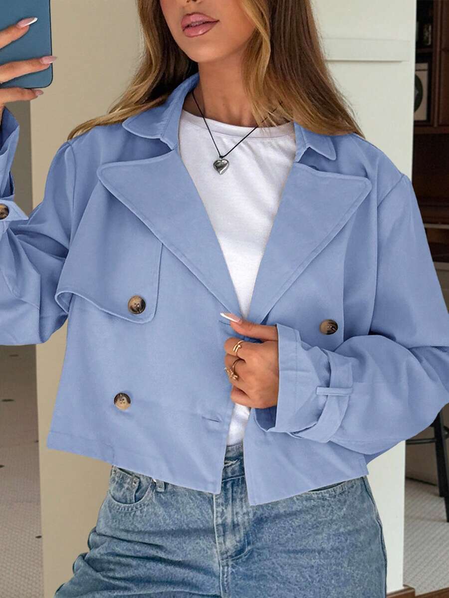 SHEIN EZwear 女款休閒日常通勤極簡純色短版防風夾克外套,春/秋季 - 淺藍色 - 查看 1