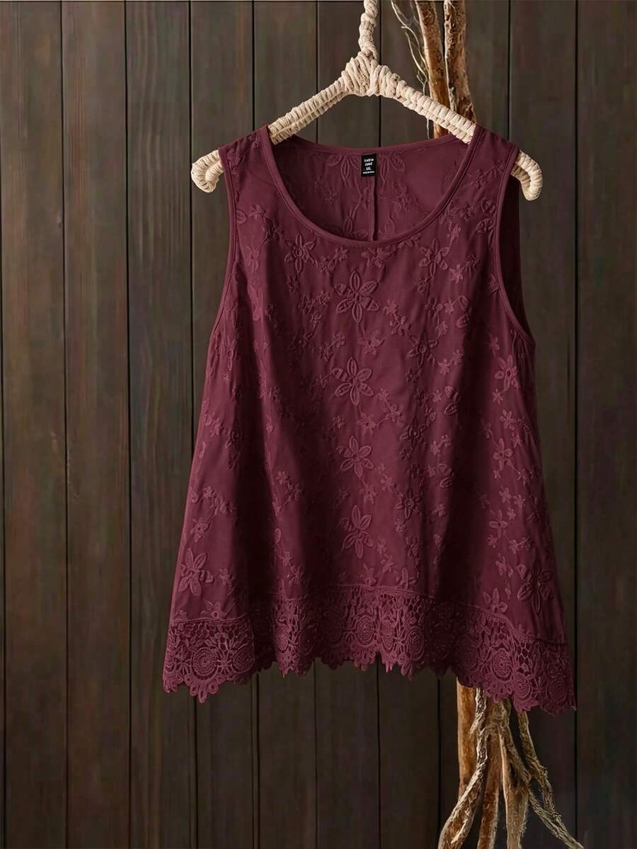 SHEIN LUNE CURVE 大码女式春夏刺绣无袖圆领修身背心，百搭时尚 - 酒紅色 - 查看 1