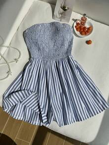 Comfortcana Plus Size Summer Strapless Vacation Blue And White Jumpsuit Beach Formal Casual Traditional - Blue and White - View 3