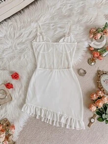 SHEIN MOD 花邊拼接網紗女性性感內衣連身裙2入組（鋼丝內衣＆裙子+G弦） - 白色 - 查看 3