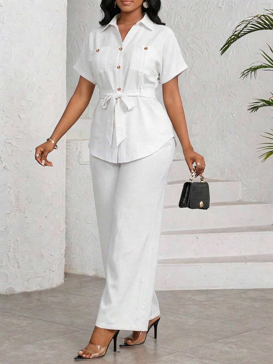 SHEIN Lady 女士休闲、办公、通勤简约纯色短袖衬衫和阔腿裤两件套,春夏款 - 白色 - 查看 1