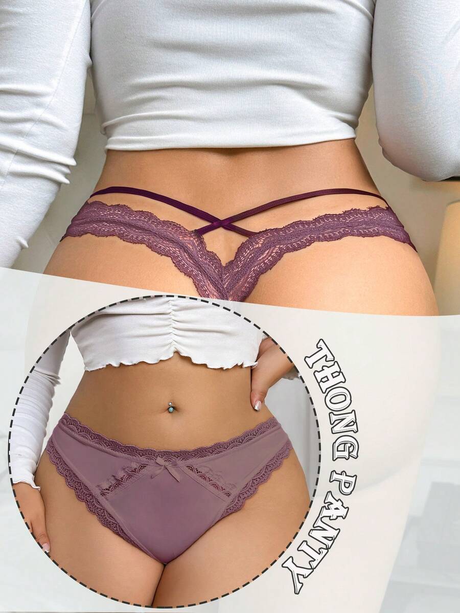 SHEIN Elacene 1件加大码女士蕾丝拼接丁字裤 - 紫紅色 - 查看 1