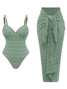 Swim Oasis 2件套夏季度假性感露背吊带连体泳衣和长款纱笼裙 - 綠色 - 查看 3