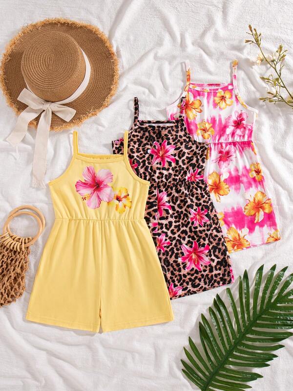 SHEIN Bộ 3 món áo liền quần không tay, dây mảnh, in họa tiết toàn thân, chất liệu polyester dành cho bé gái, thích hợp mặc mùa hè.