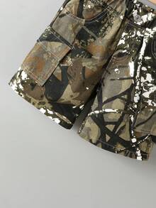 Toddler Boys' Denim Shorts, New Arrival, Fashion Minimalist Retro Street Camo Print Patch Pocket Design, Comfortable Cotton Denim Cargo Pants, Suitable For Casual Outings, Sports, Travel & Vacation - Khaki - View 7