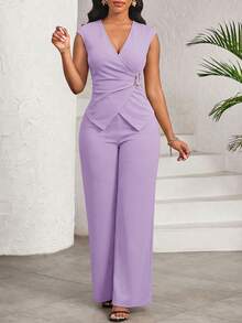 SHEIN Lady Bộ đồ nữ thanh lịch 2 mảnh gồm áo cổ chữ V xếp ly và quần dài, màu tím. - Màu tím - Xem 3