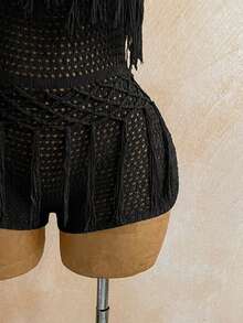 Soleia Women's Sleeveless Hollow Out Fringe Decor Fashion Knit Dress, Summer - Black - View 7