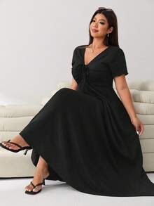 Solflare Vestido casual de verano de manga corta con cuello en V y fruncido, talla grande, color negro - Negro - Ver 7