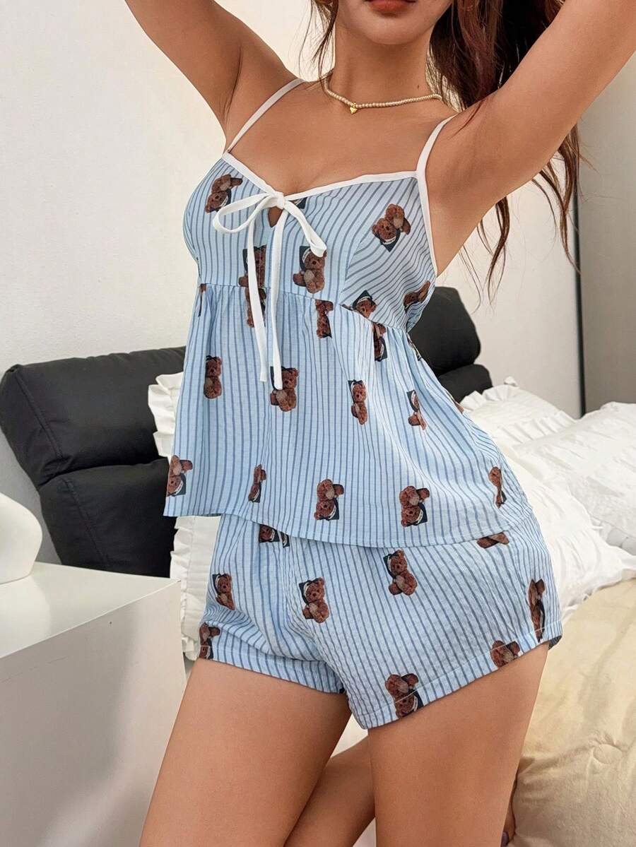 Softscene Women's Cute Casual Striped Bear Print Contrast Color Camisole Tie-Up Ruched Top And Shorts Pajama Set - Multicolor - View 1