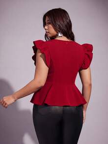 Viva Relle Plus Size Women Summer Burgundy,Autumn,Curve,Elegant 70's,Satin,Cocktail Sweetheart Neckline Flutter Sleeve Shirt,Sweet Spicy Casual Top Dates Party - Red - View 2