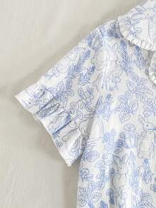 SHEIN Set Piyama Kasual Nyaman 2 Potong Motif Kelinci dan Bunga Garis Biru untuk Bayi Perempuan, Lengan Pendek, dan Celana, Terdiri dari Celana Panjang dan Kerah Berkerut - Biru - View 4